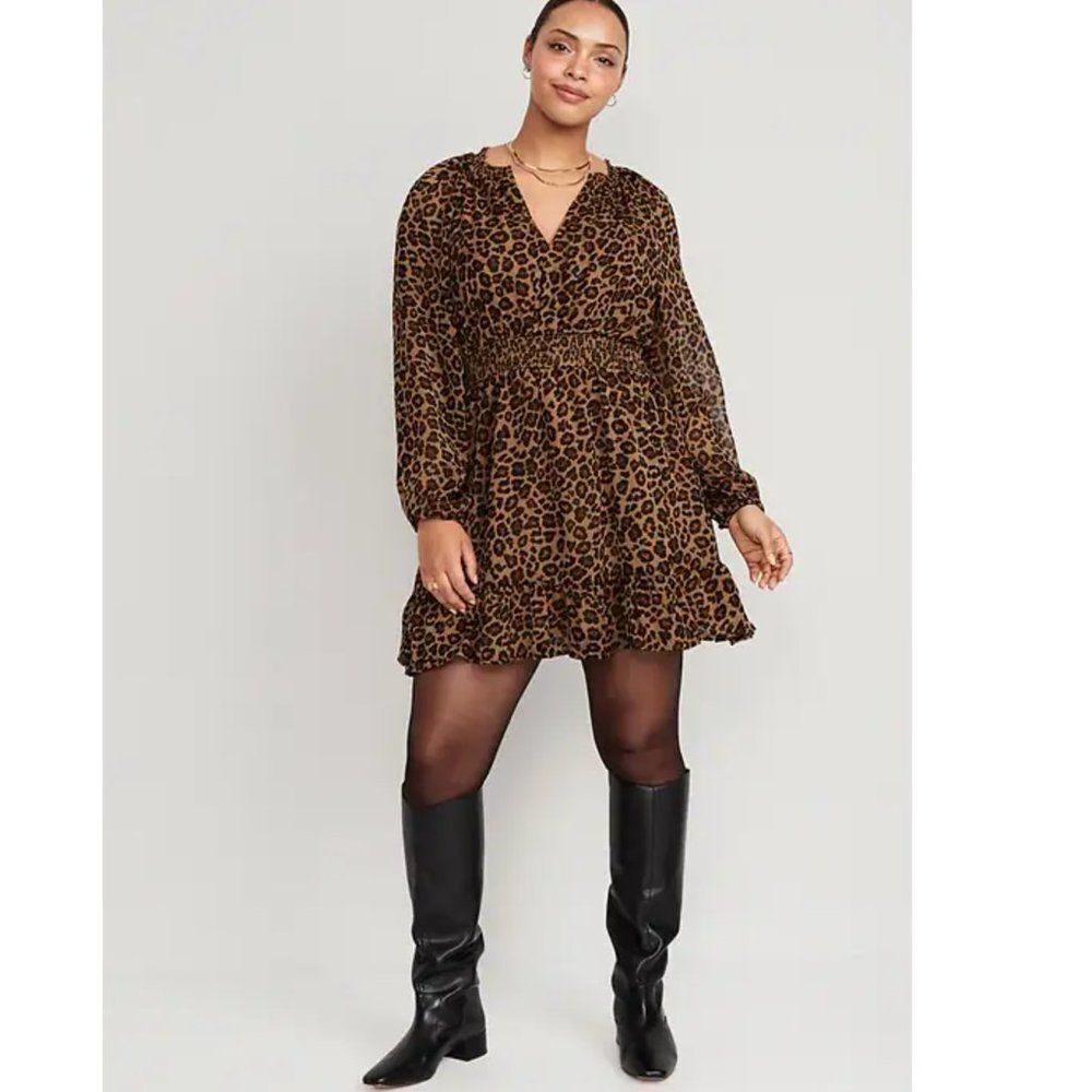 Old Navy Waist-Defined Animal Printed Smocked Mini Dress Size L